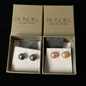Honora Cultured Pearl Silver Stud Earrings Lot 2 Pairs Peach & Black 8mm Ball